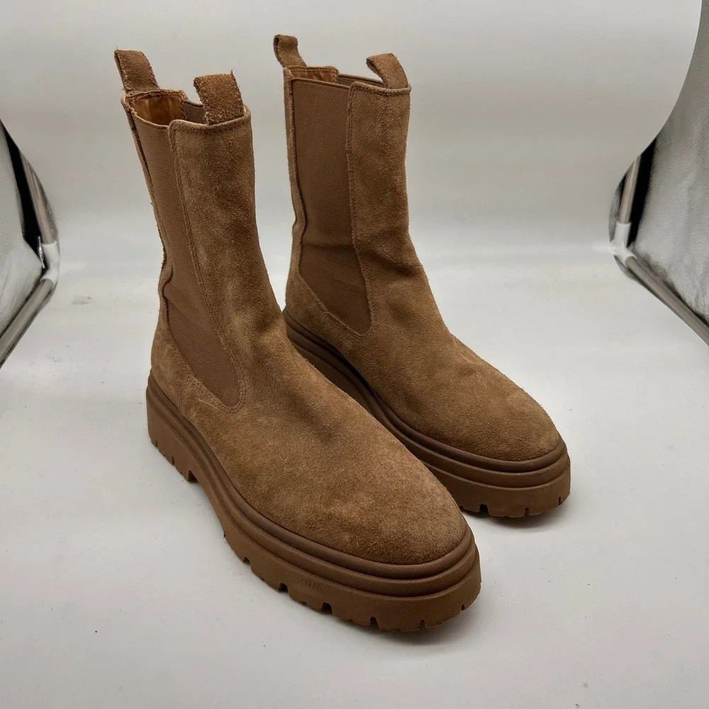 Zara Tan Suede Lug Sole Chelsea Boots Mid Calf Platform 39 - Picture 2 of 8